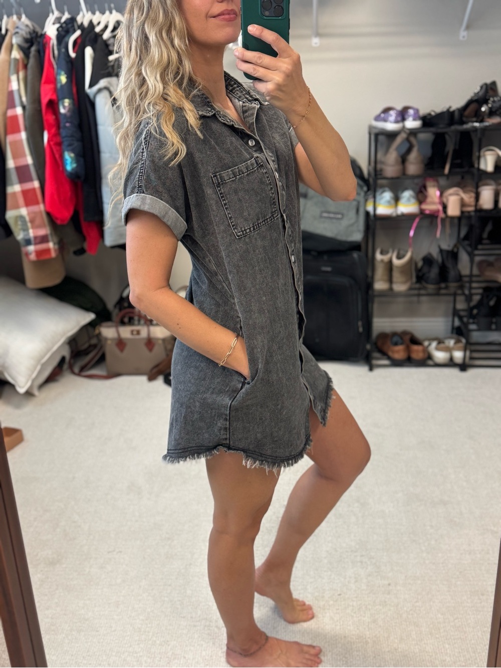 Washed Black Denim Full Button Dress with Frayed Hem